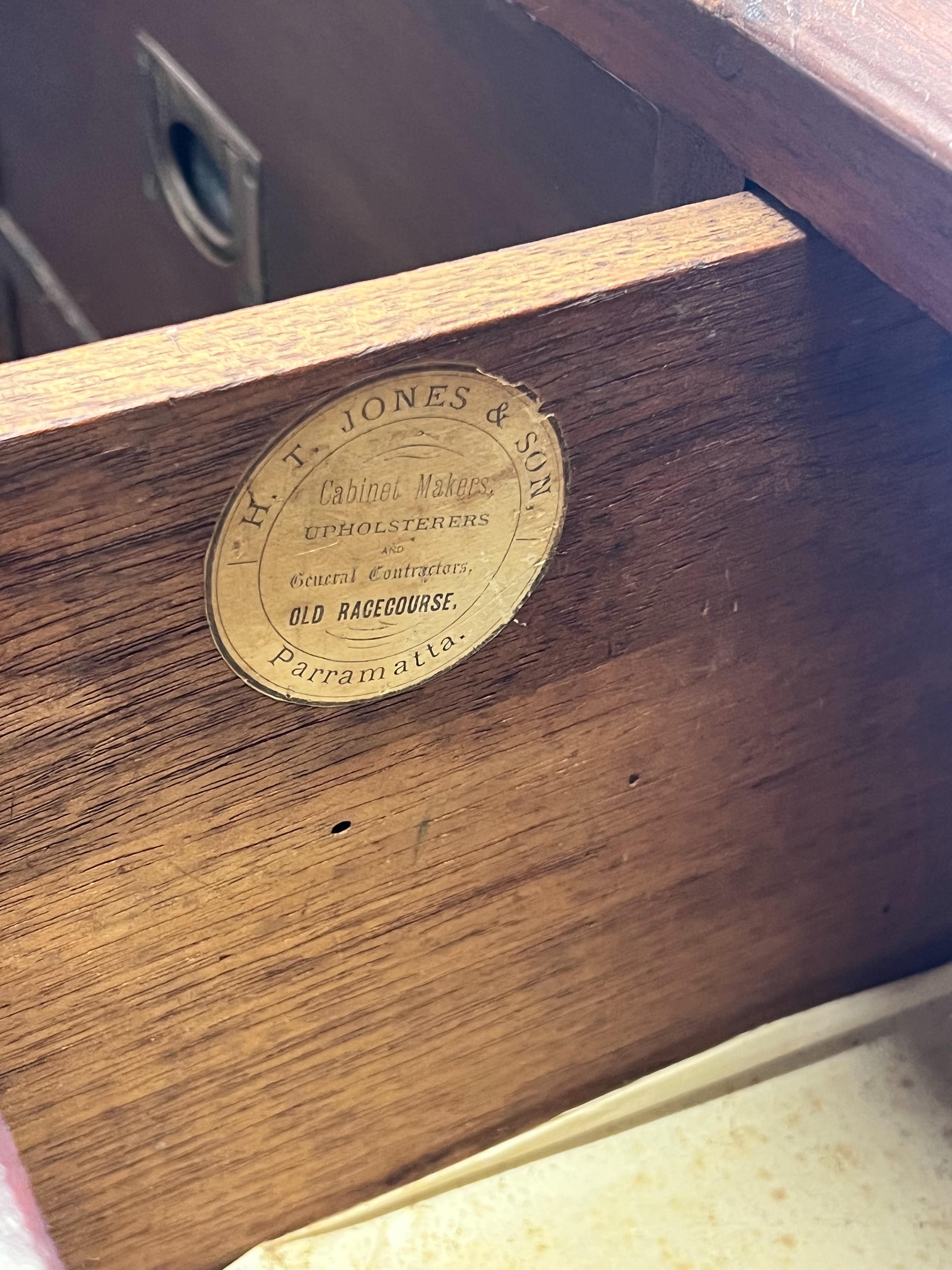 A 19th century teak two part military chest, bears paper label H.T. Jones & Sons, Parramatta, width 86cm depth 46cm height 113cm